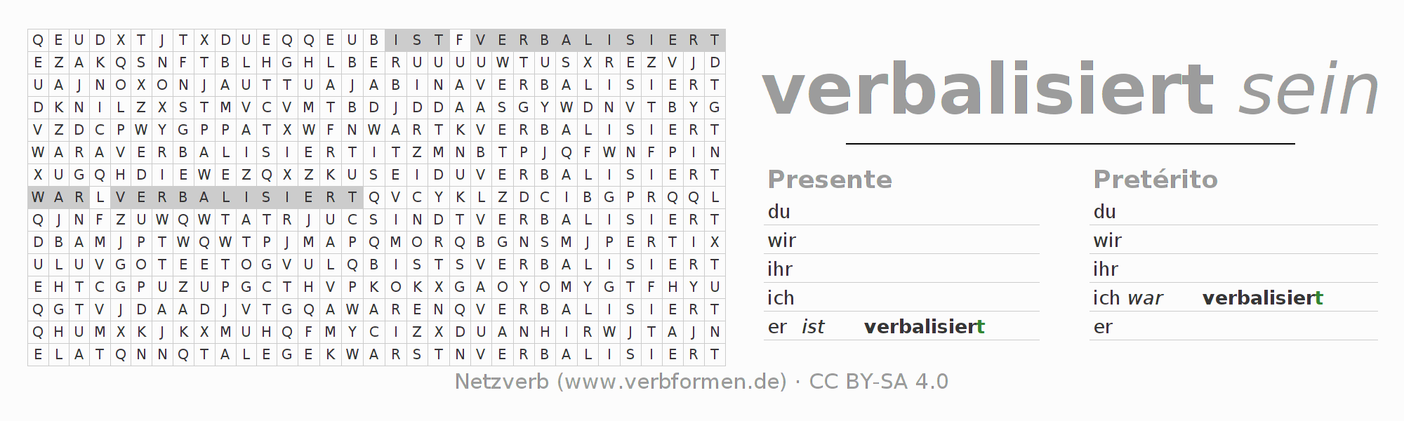 Caça-palavras com a conjugação do verbo verbalisieren
