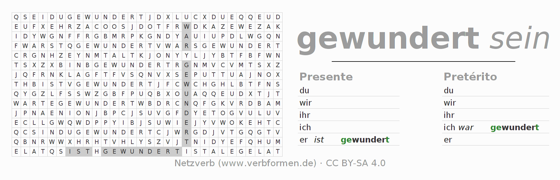 Caça-palavras com a conjugação do verbo wundern