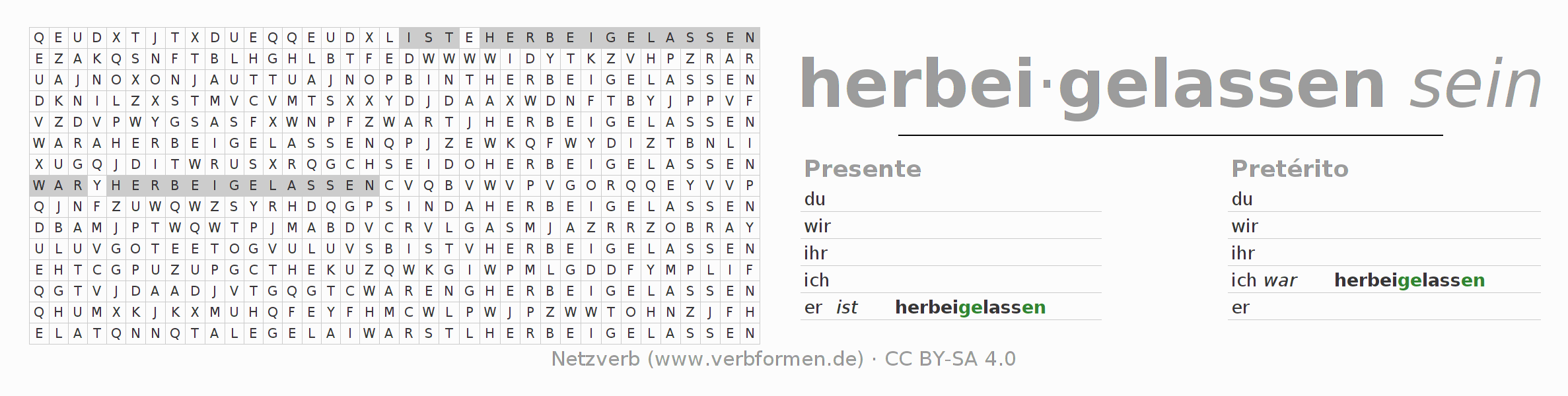 Caça-palavras com a conjugação do verbo herbeilassen