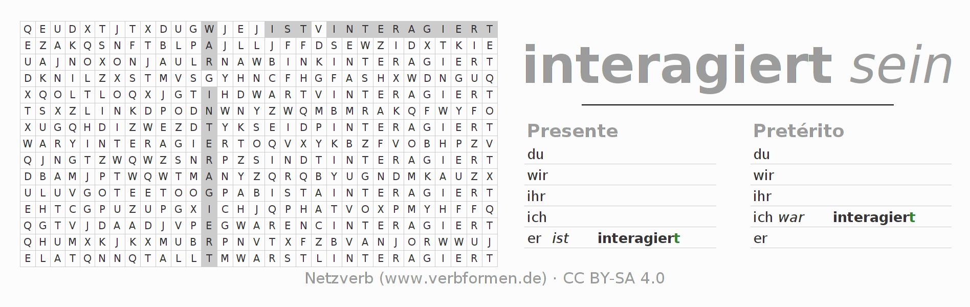 Caça-palavras com a conjugação do verbo interagieren