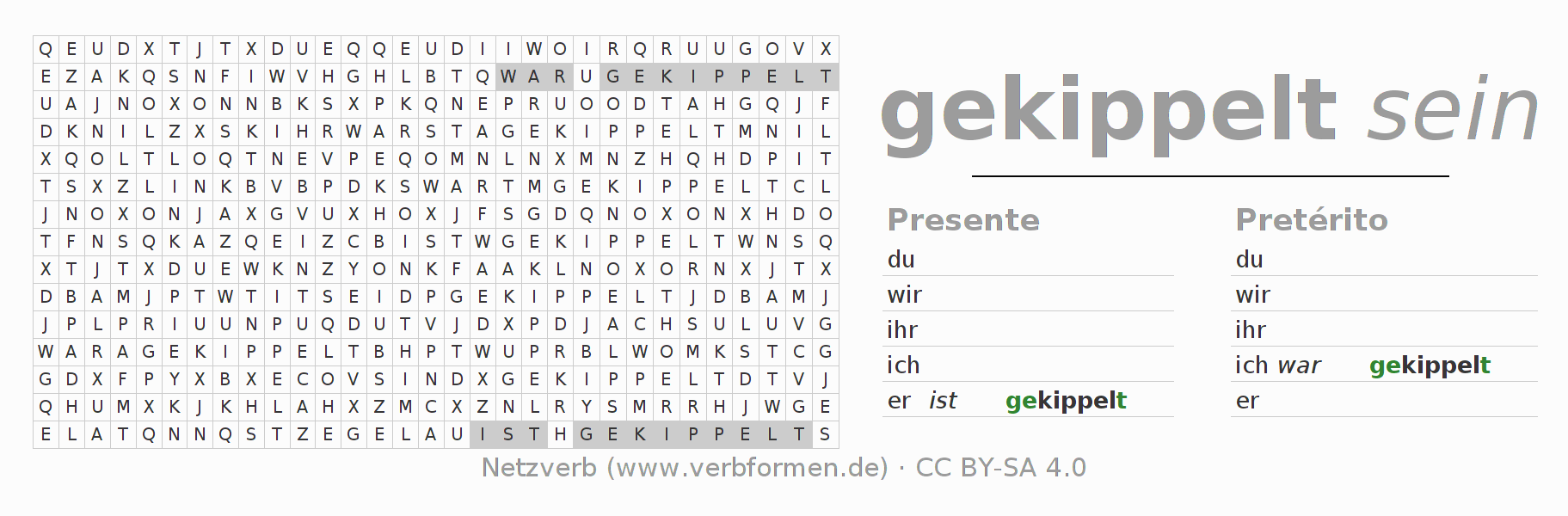 Caça-palavras com a conjugação do verbo kippeln