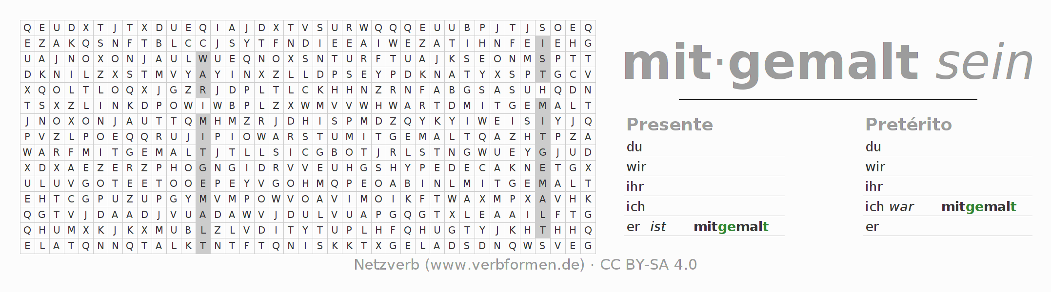 Caça-palavras com a conjugação do verbo mitmalen