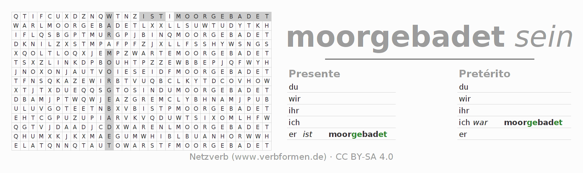 Caça-palavras com a conjugação do verbo moorbaden (hat)