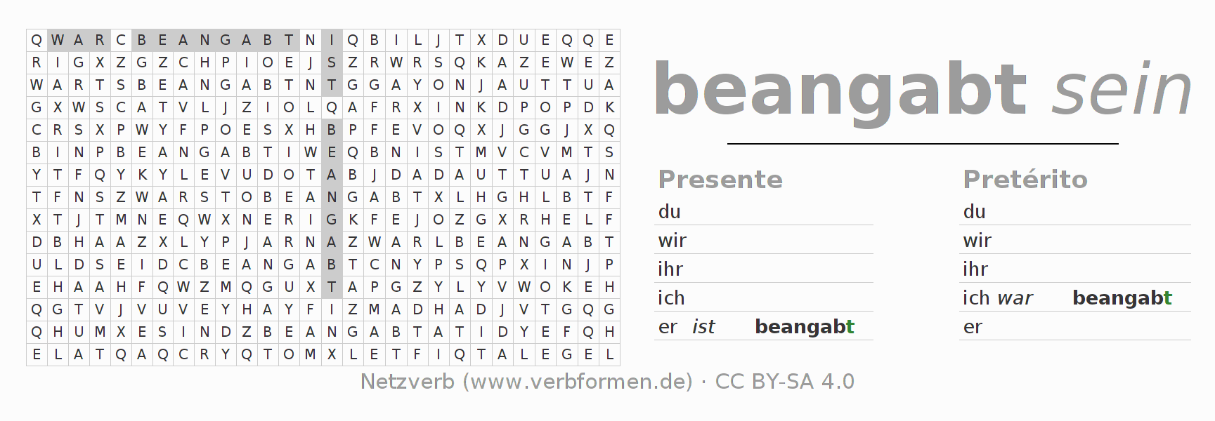 Caça-palavras com a conjugação do verbo beangaben