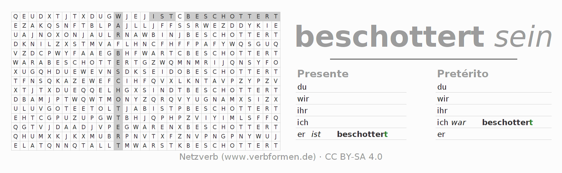 Caça-palavras com a conjugação do verbo beschottern