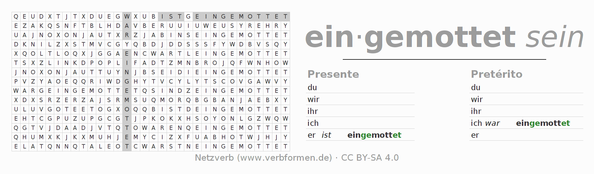 Caça-palavras com a conjugação do verbo einmotten