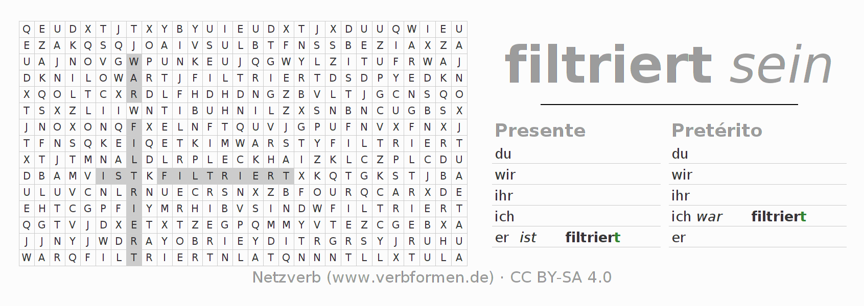 Caça-palavras com a conjugação do verbo filtrieren