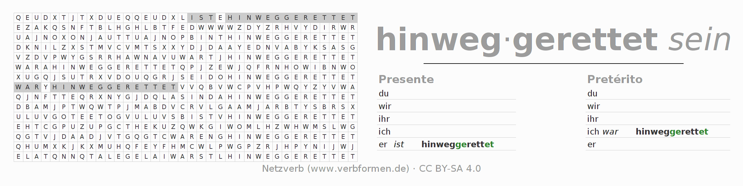 Caça-palavras com a conjugação do verbo hinwegretten