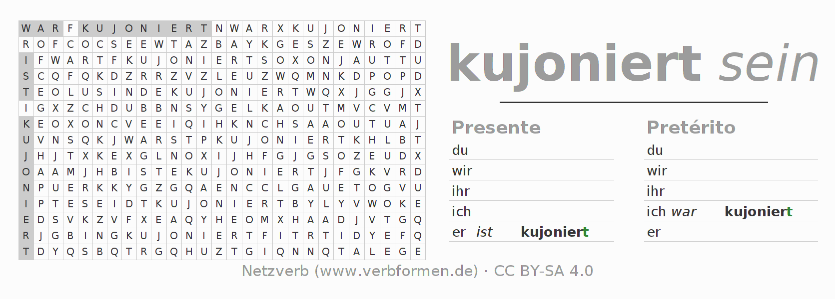 Caça-palavras com a conjugação do verbo kujonieren