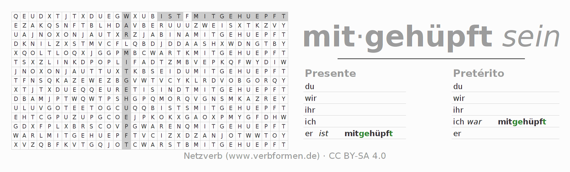 Caça-palavras com a conjugação do verbo mithüpfen