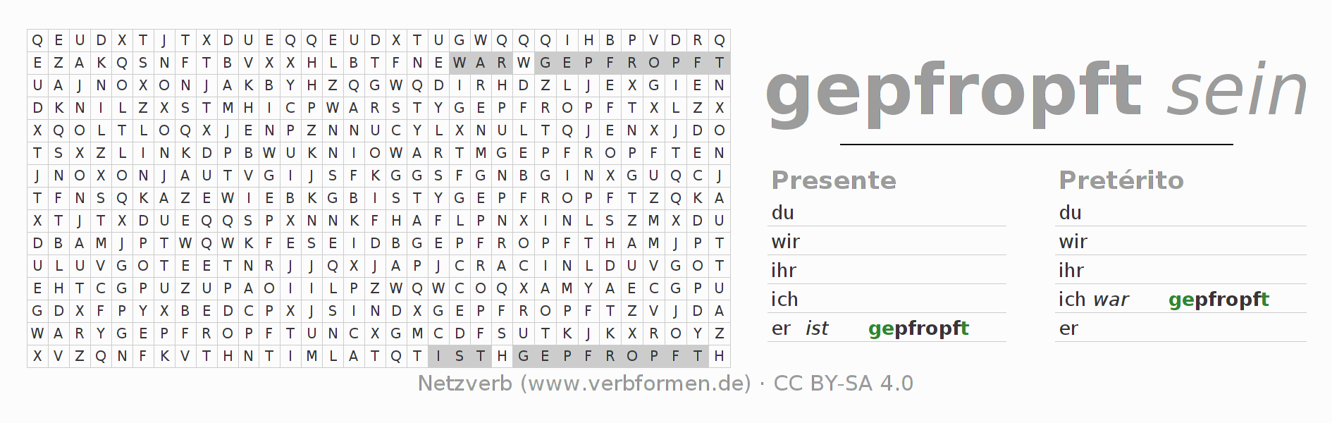 Caça-palavras com a conjugação do verbo pfropfen