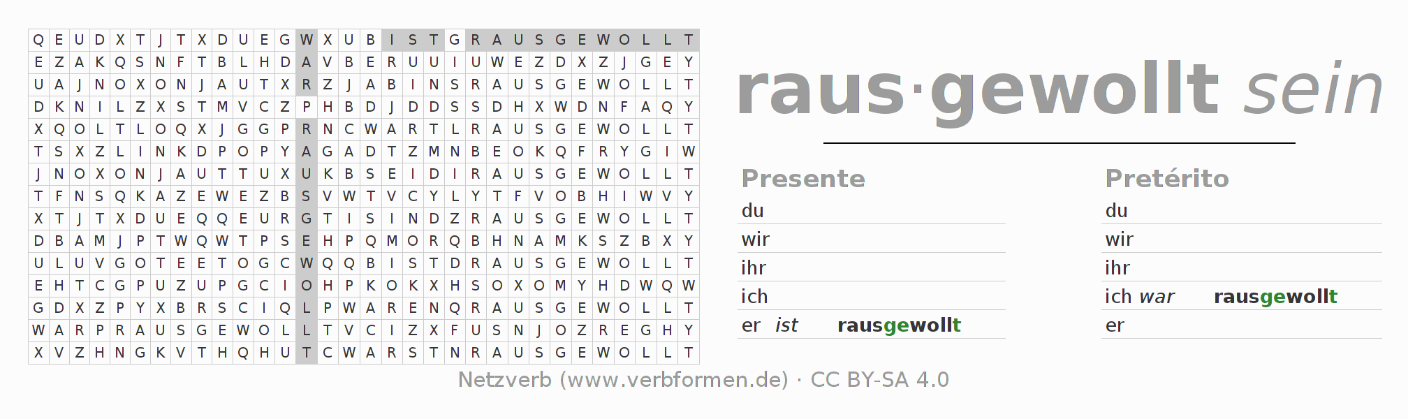 Caça-palavras com a conjugação do verbo rauswollen