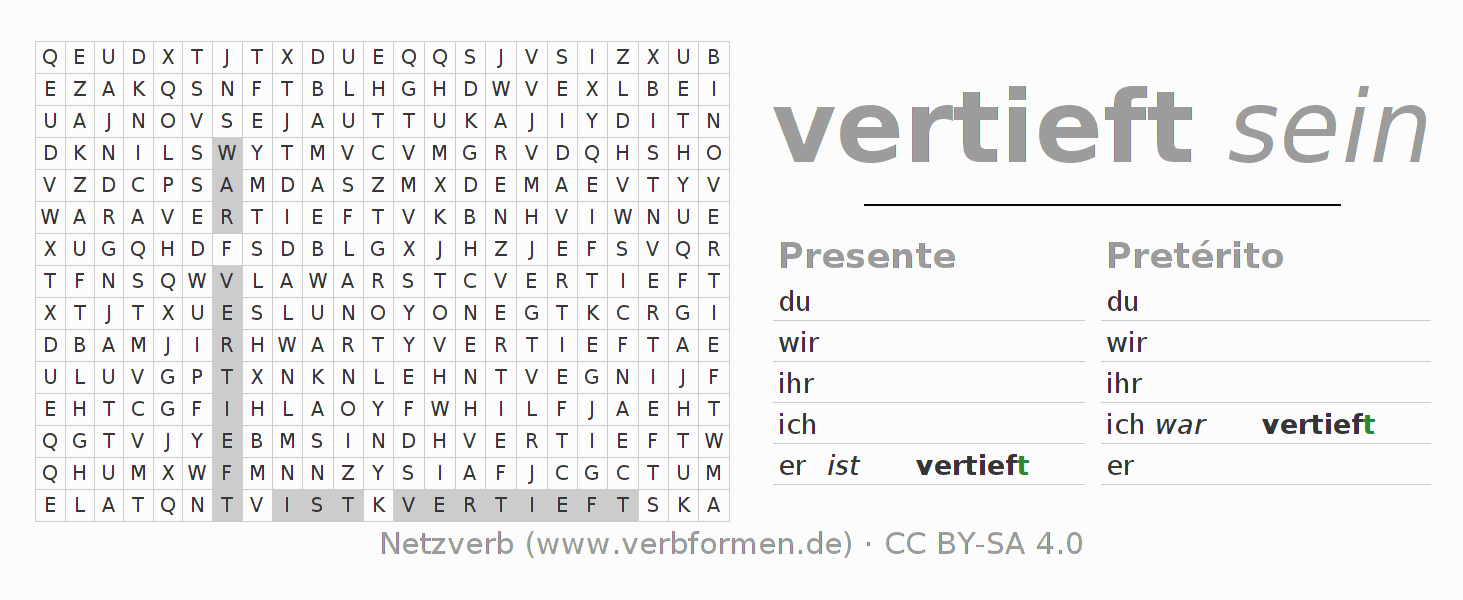 Caça-palavras com a conjugação do verbo sich vertiefen
