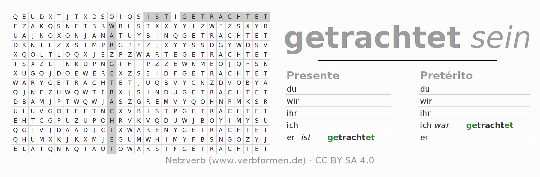 Caça-palavras com a conjugação do verbo trachten
