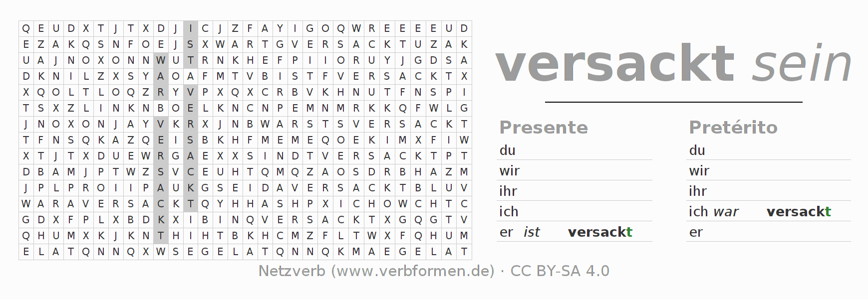 Caça-palavras com a conjugação do verbo versacken