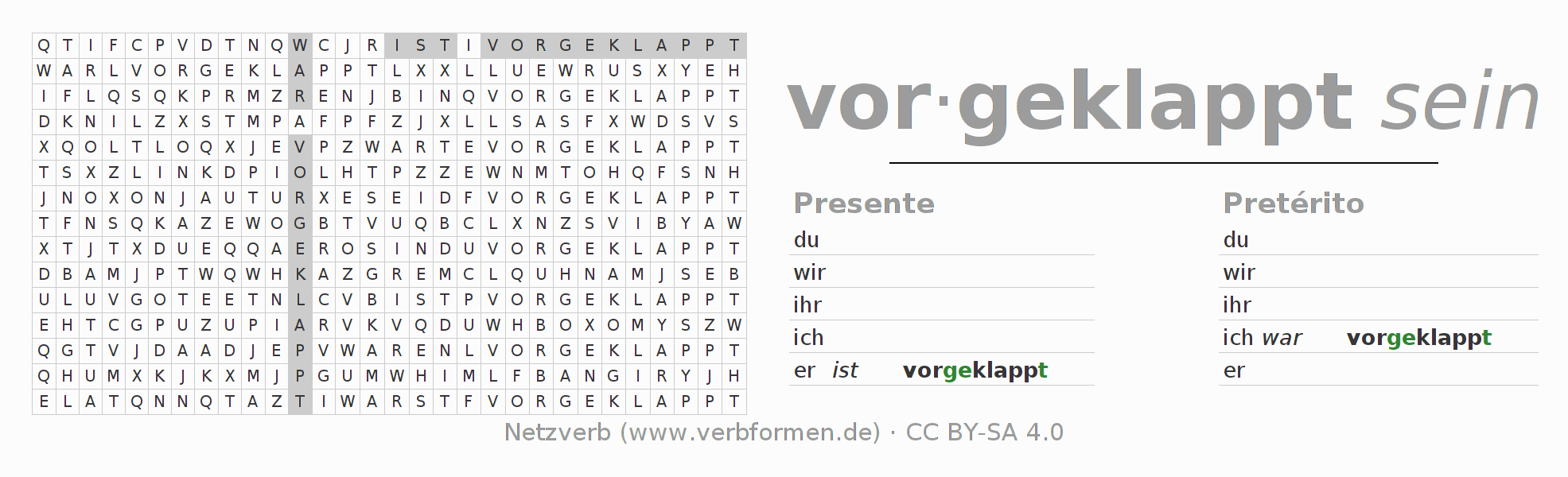 Caça-palavras com a conjugação do verbo vorklappen