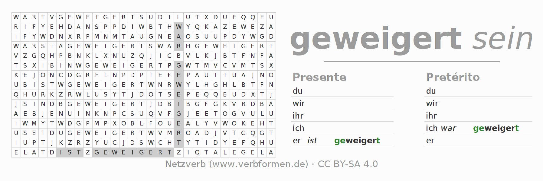 Caça-palavras com a conjugação do verbo weigern