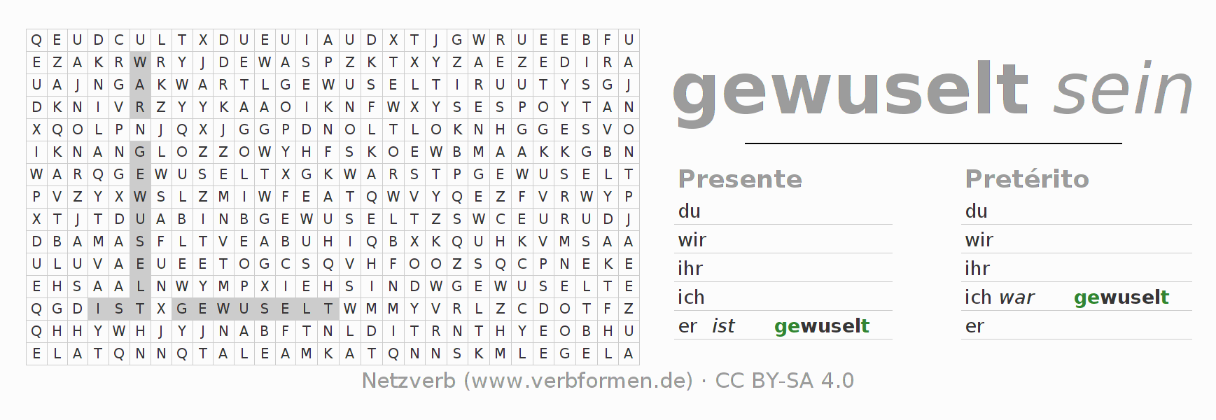 Caça-palavras com a conjugação do verbo wuseln (hat)