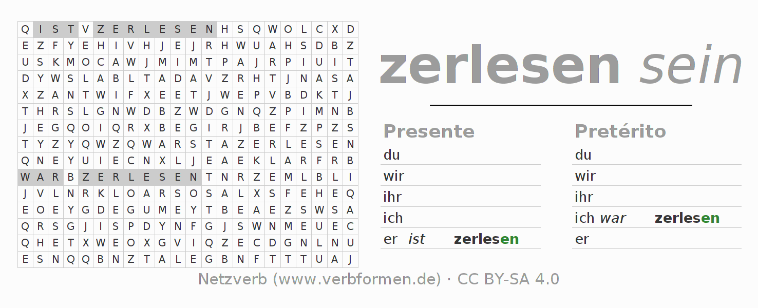 Caça-palavras com a conjugação do verbo zerlesen