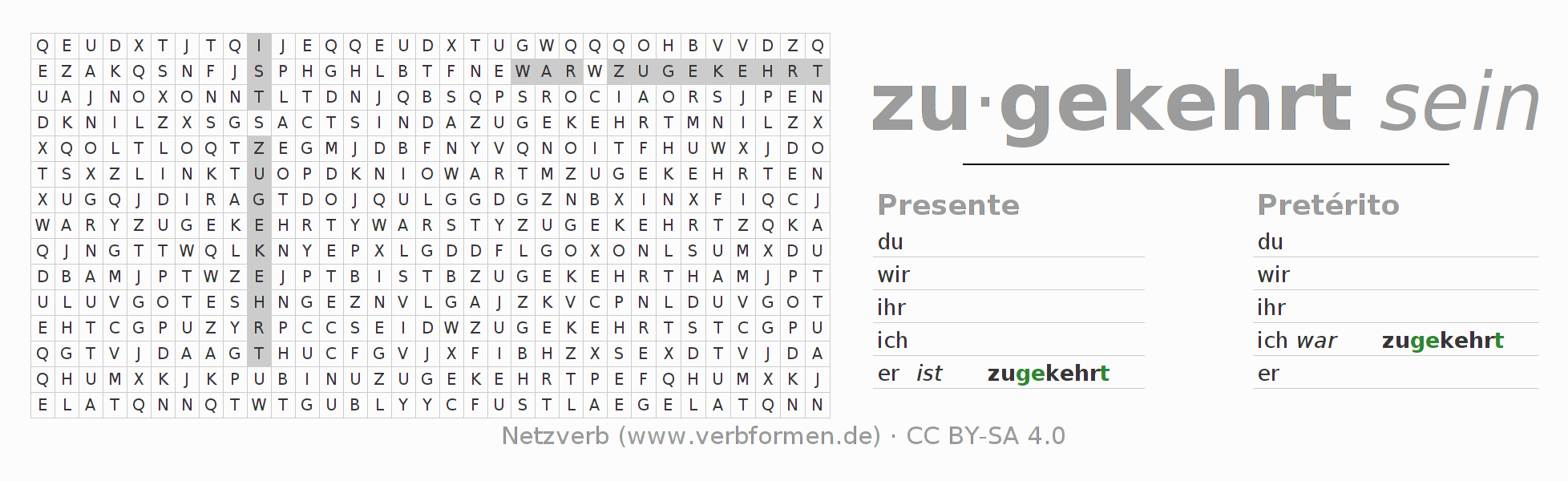 Caça-palavras com a conjugação do verbo zukehren (ist)