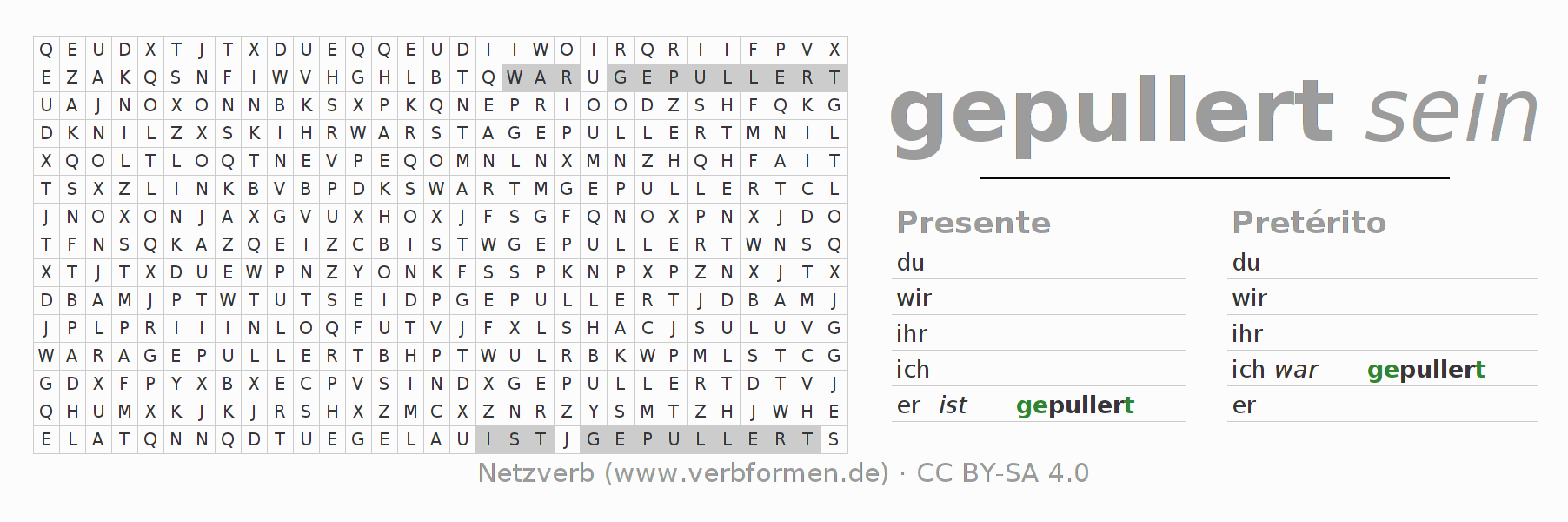 Caça-palavras com a conjugação do verbo pullern