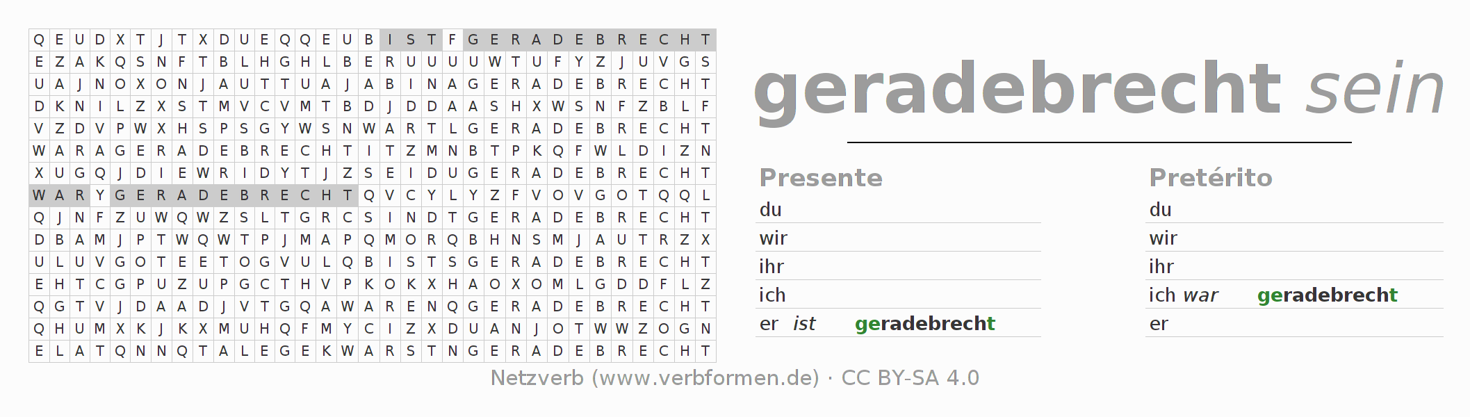 Caça-palavras com a conjugação do verbo radebrechen