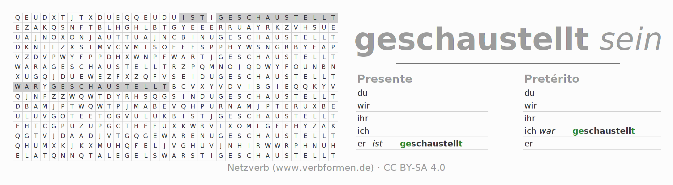 Caça-palavras com a conjugação do verbo schaustellen