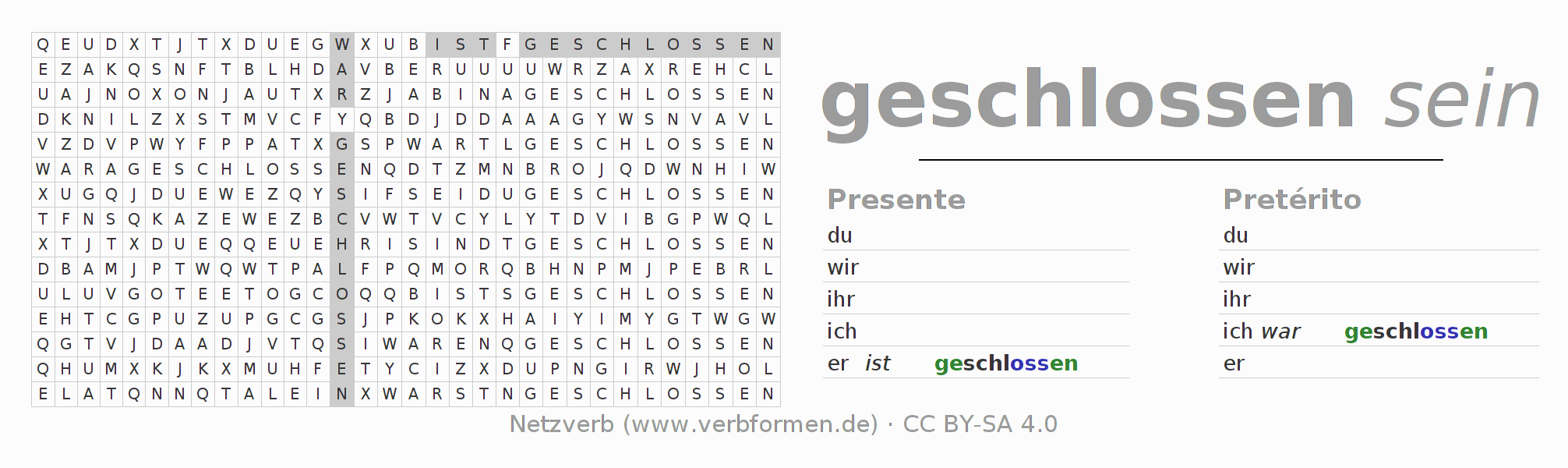Caça-palavras com a conjugação do verbo schließen