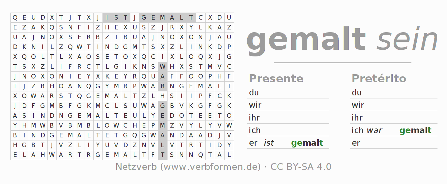 Caça-palavras com a conjugação do verbo sich malen