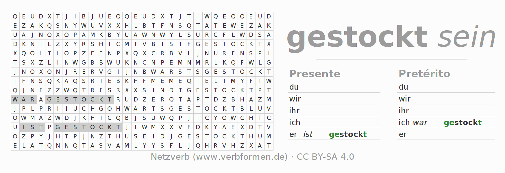 Caça-palavras com a conjugação do verbo stocken (hat)