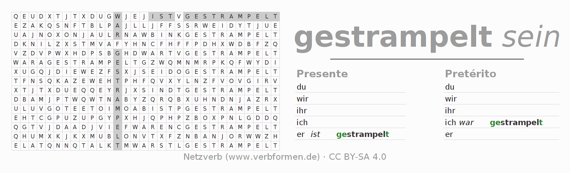 Caça-palavras com a conjugação do verbo strampeln (hat)