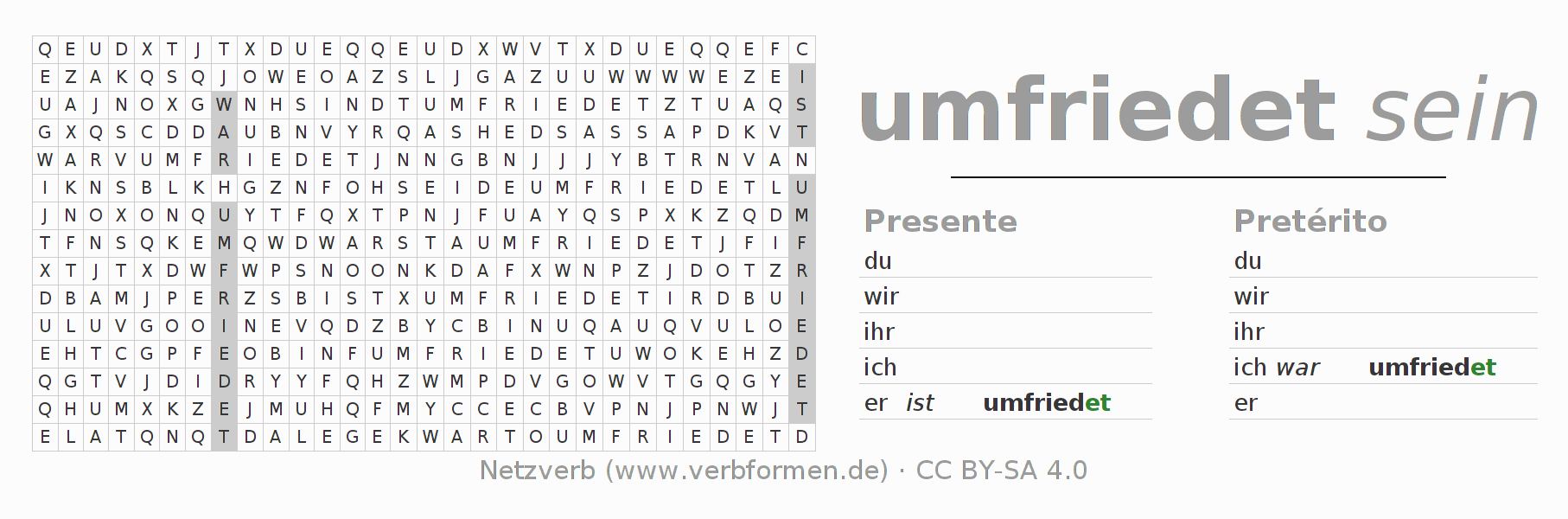Caça-palavras com a conjugação do verbo umfrieden