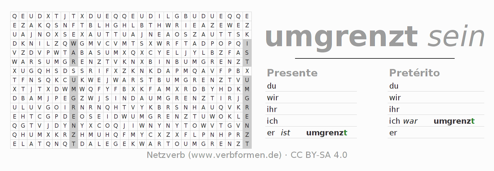 Caça-palavras com a conjugação do verbo umgrenzen