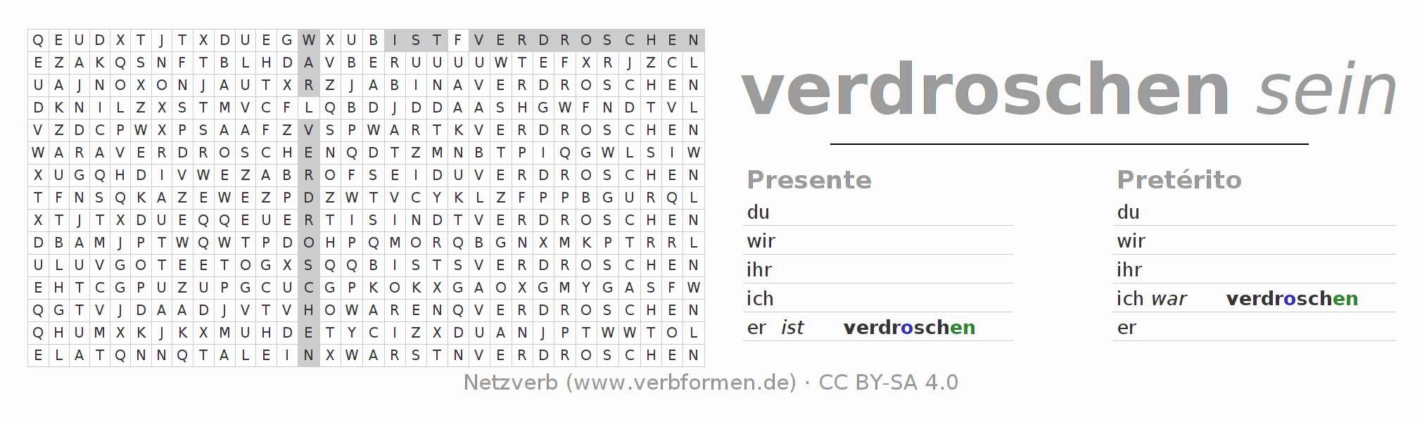 Caça-palavras com a conjugação do verbo verdreschen