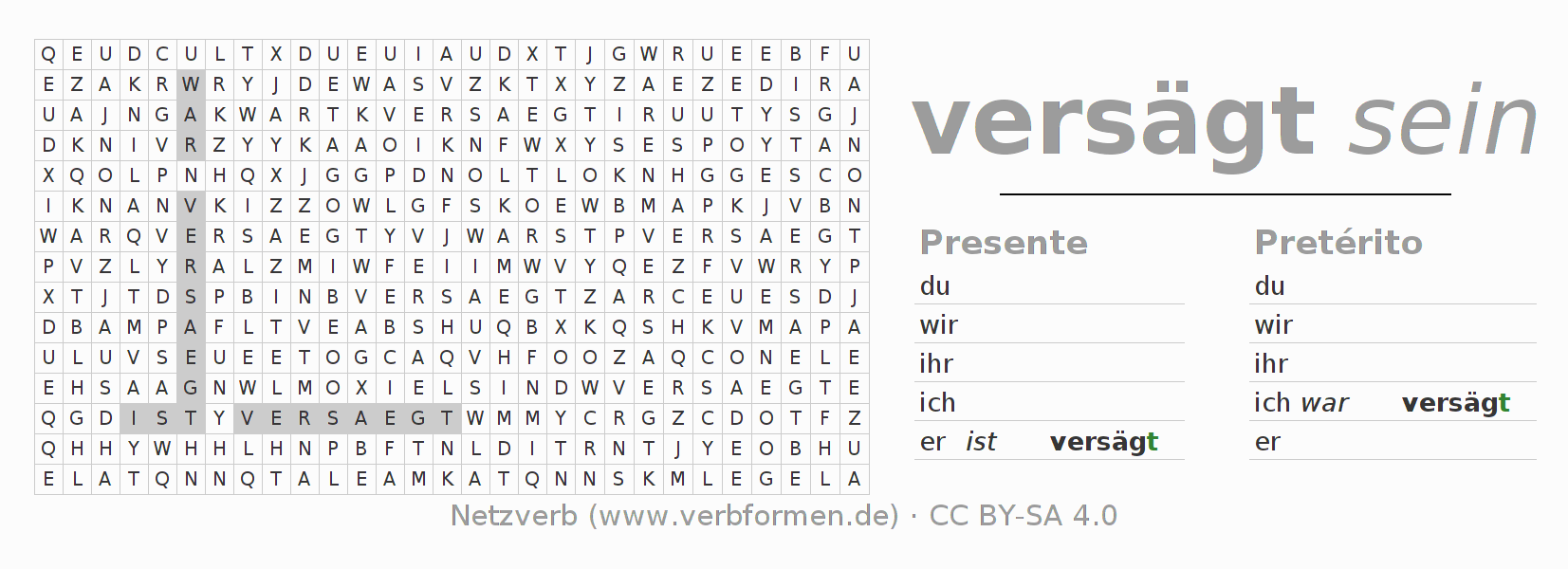 Caça-palavras com a conjugação do verbo versägen