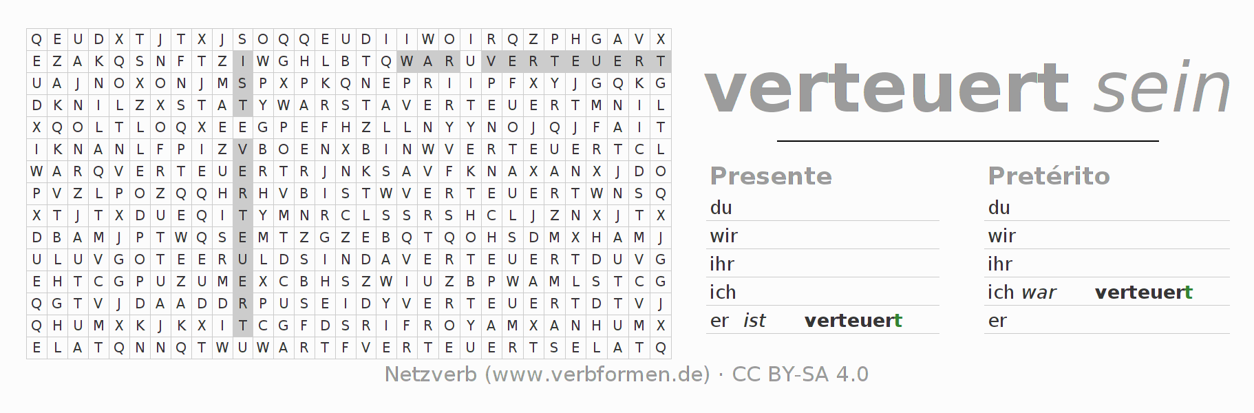 Caça-palavras com a conjugação do verbo verteuern