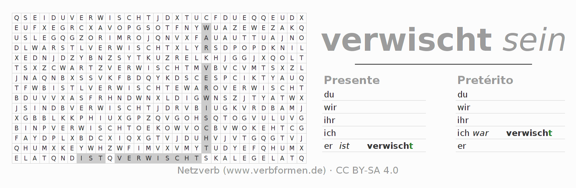 Caça-palavras com a conjugação do verbo verwischen
