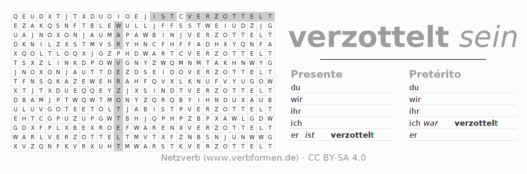 Caça-palavras com a conjugação do verbo verzotteln
