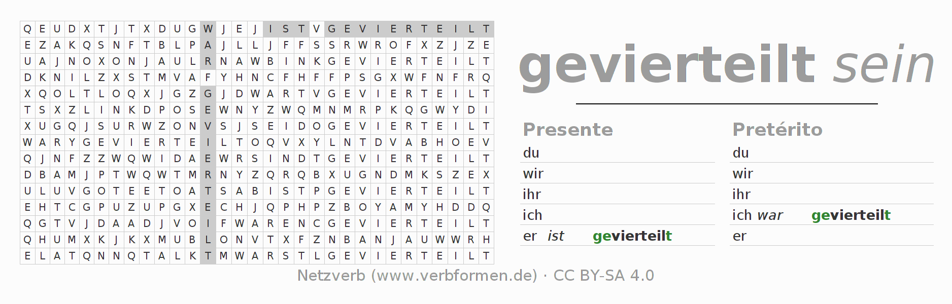 Caça-palavras com a conjugação do verbo vierteilen