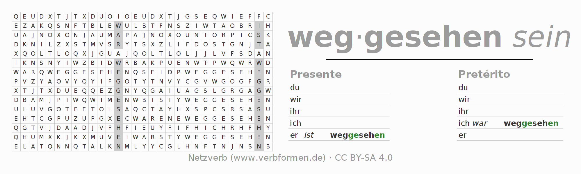 Caça-palavras com a conjugação do verbo wegsehen