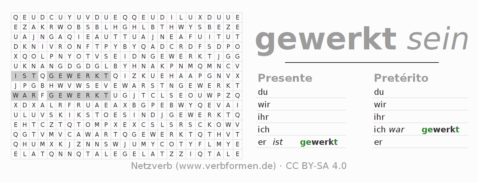 Caça-palavras com a conjugação do verbo werken