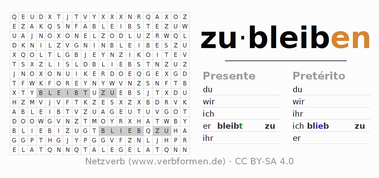Caça-palavras com a conjugação do verbo zubleiben