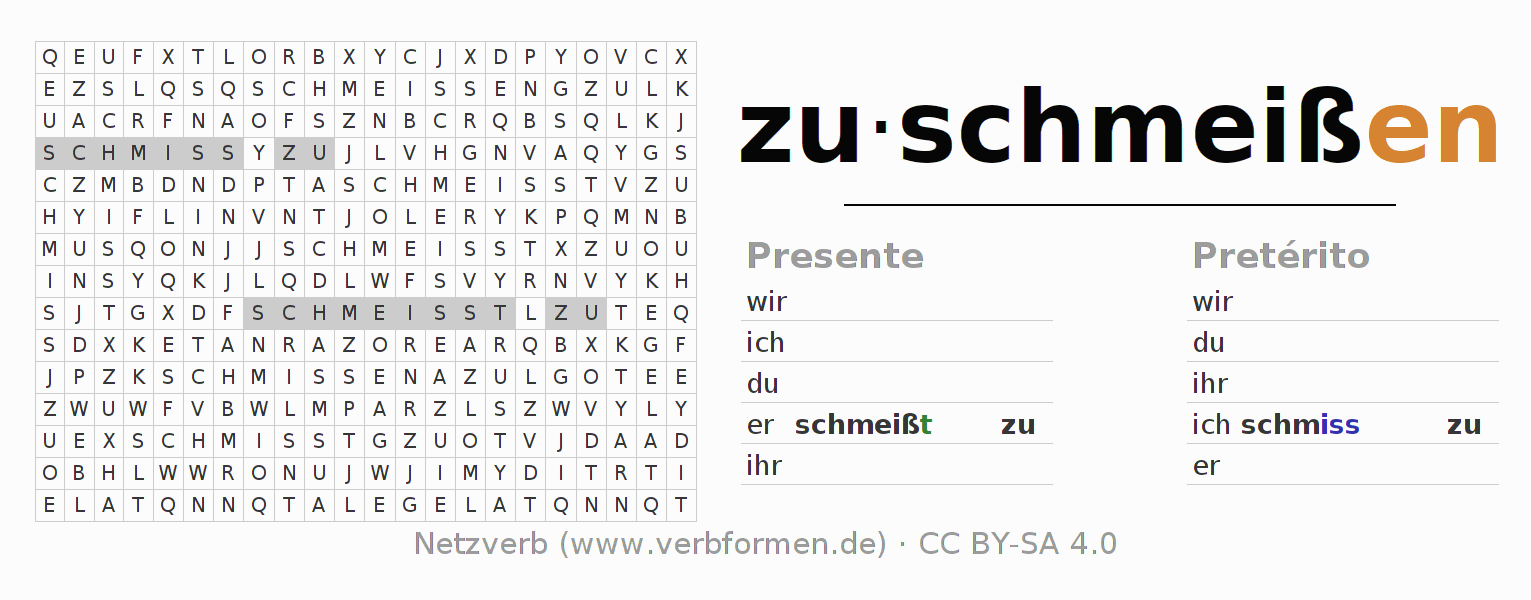 Caça-palavras com a conjugação do verbo zuschmeißen