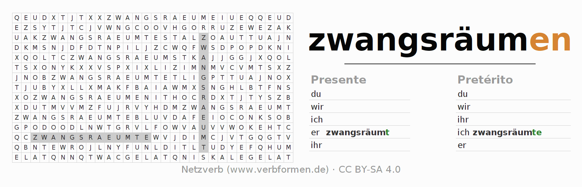 Caça-palavras com a conjugação do verbo zwangsräumen